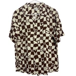 Earthbound Trading Co Brown Warped Checkerboard Graphic Rayon Shirt M Women 70s